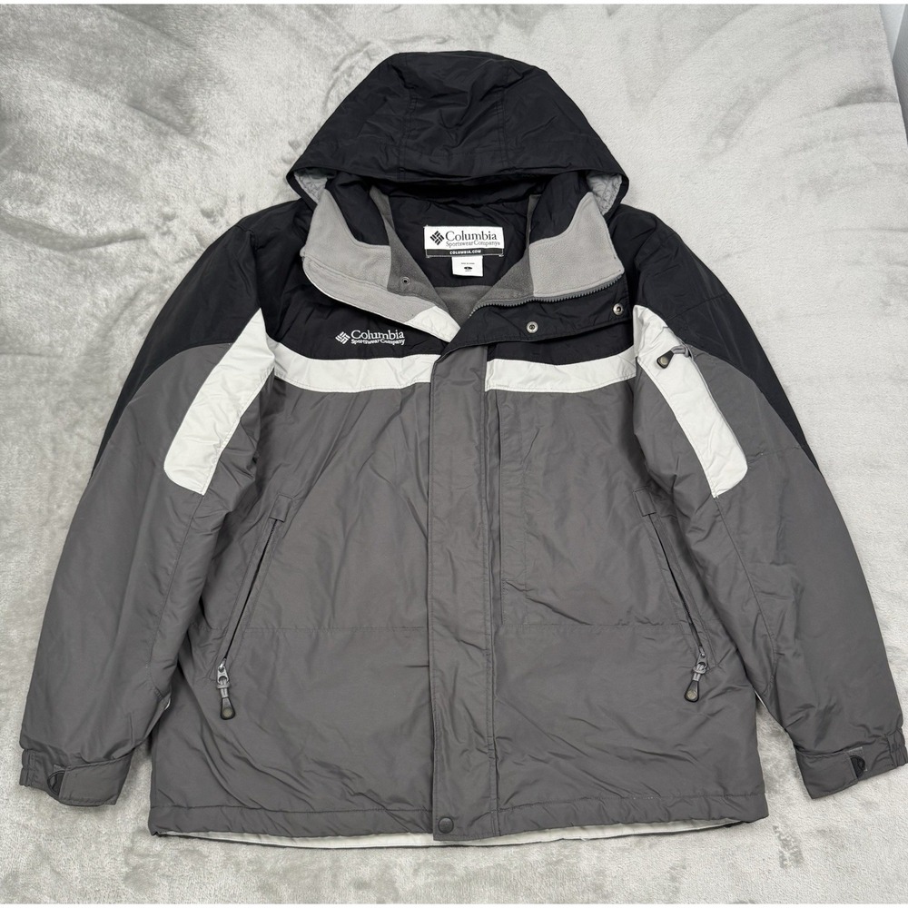 Vintage Columbia Parka Mens Large Black Gray Nylon Hooded Coat Jacket Insulated
